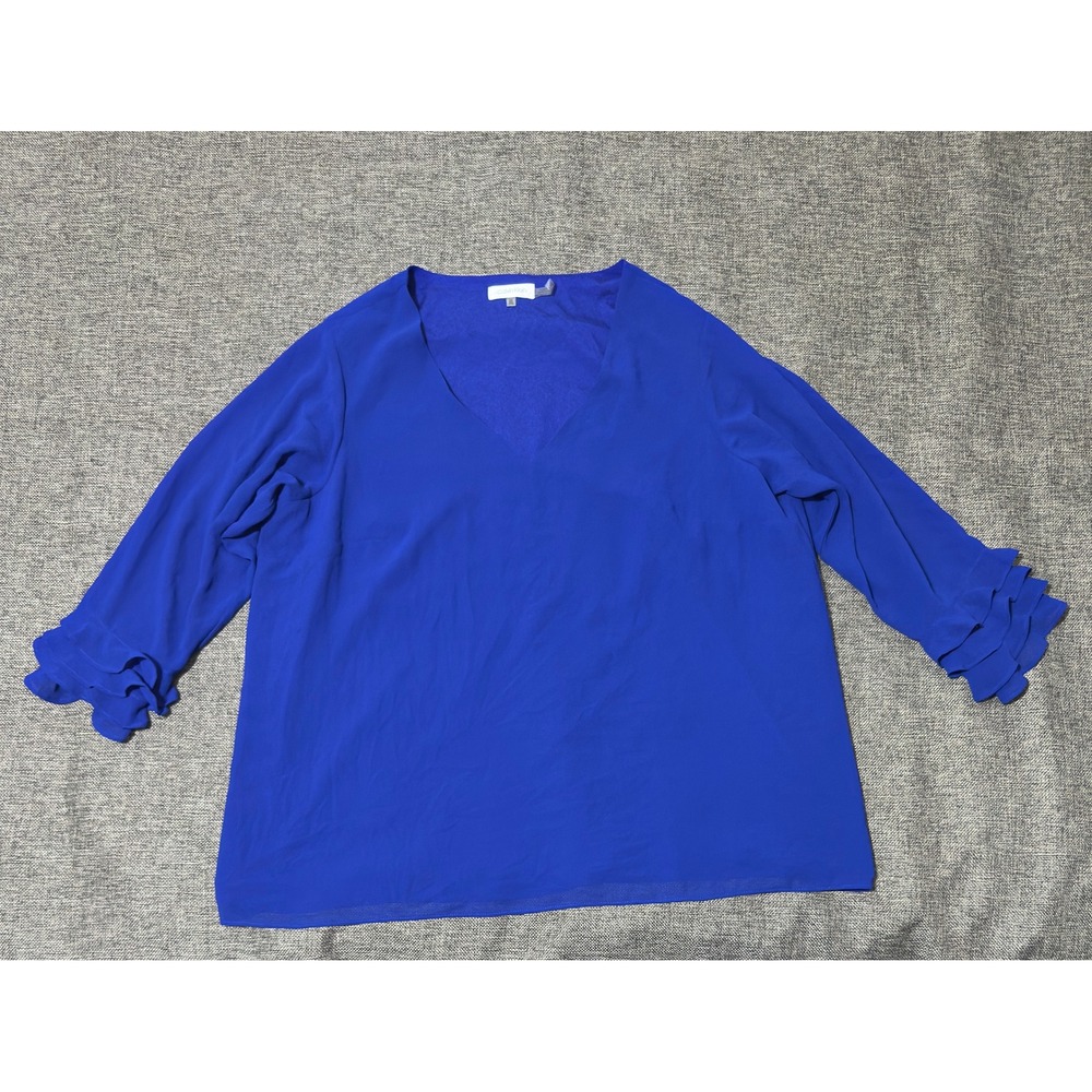 Calvin Klein Women's 0X Blouse Blue Ruffle Sleeve V-Neck W9LAI505 - Picture 1 of 9